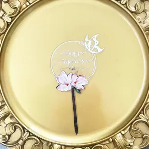 Acrylic Happy Mother's Day cake topper with pink flower and butterfly for party decor.