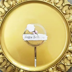 Acrylic happy birthday cake topper with cotton candy design for party decoration detail.