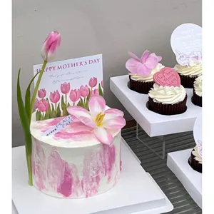 Mother's Day cake decoration set with pink tulips, decorative cards and floral cupcake toppers.