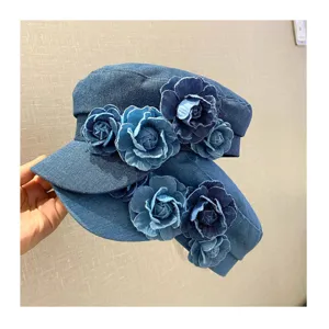Vintage denim flat cap with handmade fabric flowers, stylish casual hat for women daily wear.