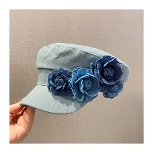 Korean vintage denim flat top cap with handmade blue fabric flower detail for women style.