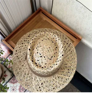 Cappello di paglia traforato francese donna estate tesa larga cappello da sole