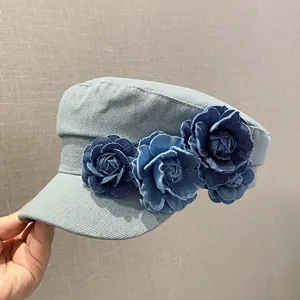 Light blue denim flat cap featuring handmade fabric flower decorations for women daily wear