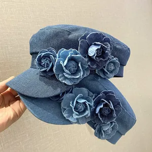 Women denim flat cap with handmade flower decoration, vintage casual cadet hat for all seasons.