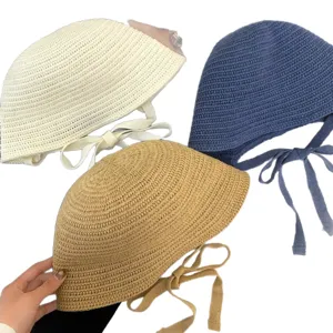 Frauen handgemachte gewebte Sommer Sonnenhut atmungsaktive Eimerhut mit Bändern neu
