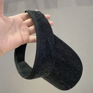 Gorra de visera vacua con diamantes de imitación negros, sombrero de sol brillante de verano