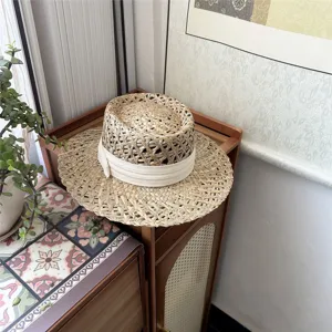 Cappello di Paglia a Tesa Larga Estivo da Donna Cappello da Sole Cavo Francese Vacanze al Mare Fedora con Nastro