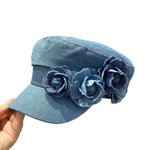 Korean vintage floral denim flat cap for women, stylish handmade flower casual hat.