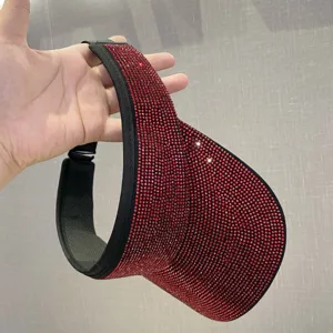 Sombrero de visera de sol vacío rojo brillante con diamantes de imitación para mujer, verano.