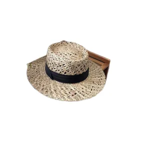 Cappello di paglia cavo francese da donna, cappello da sole estivo a tesa larga, berretto da spiaggia.