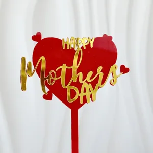 Decoración de pastel del día de la madre acrílico rojo corazón letras doradas fiesta