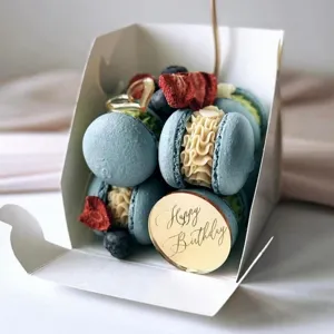 Acrylic Happy Birthday cake topper disc with blue macarons gift box for party decoration.