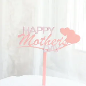 Adorno para tarta Happy Mothers Day de acrilico rosa con corazones dobles de celebracion.
