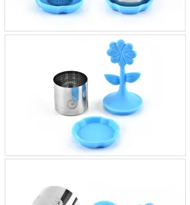 Vue détail de la boule à thé silicone, poignée fleur, filtre maille inox, infuseur pratique.