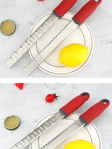 Stainless steel cheese grater with red handle for kitchen lemon zester and chocolate tool