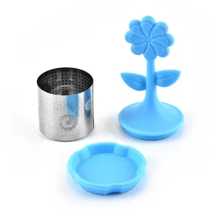 Set infuseur a thé en silicone fleur avec filtre en acier inoxydable et bac pour thé en vrac.