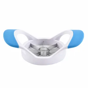 Stainless steel apple slicer and corer with dual handles for quick fruit cutting.