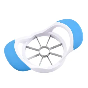 Stainless steel apple slicer with comfortable blue handles and core remover tool