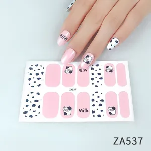 Cute pink cow nail stickers with milk letters and animal print design for women girls