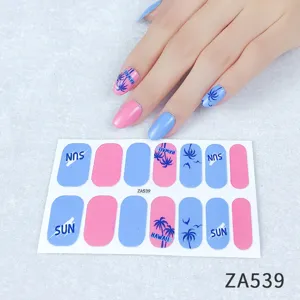 Detailed close-up view of summer hawaii style nail wraps sticker with cute blue pink design.