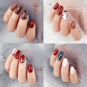 Fashion press on nail stickers with leopard print and cute bow designs for trendy daily looks.