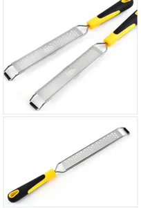 Détail râpe à fromage en acier inoxydable, poignée ergonomique jaune noir, zesteur.