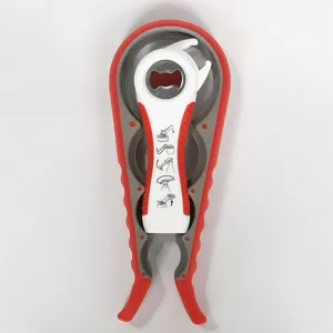 Multi-functional bottle opener set detail, red and white kitchen tool for jars and beer caps.