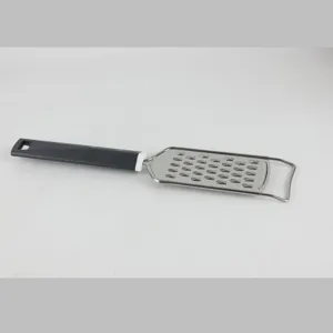 Stainless steel hand grater with ergonomic dark grey plastic handle for kitchen food prep.