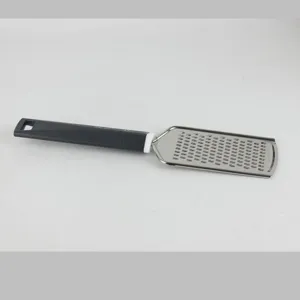 Stainless steel kitchen food grater with ergonomic dark grey plastic handle for daily cooking.