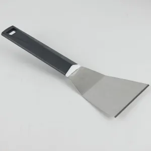 Stainless steel kitchen spatula scraper featuring durable anti-slip black handle detail.