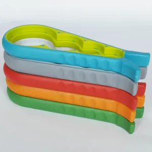 Detail view of a colorful multi-functional jar opener set, ergonomic design for kitchen use.