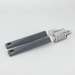 Stainless steel garlic press detail view showing the sturdy handle and perforated pressing compartment.