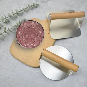 Stainless steel burger press set with wooden handle for making delicious patties easily.