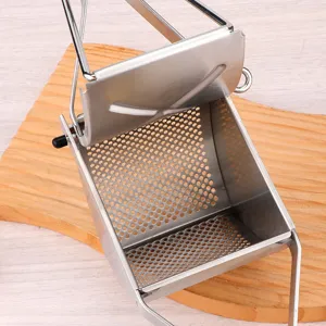 Stainless steel potato masher kitchen manual fruit press tool with fine mesh filter holes.