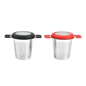 Stainless steel tea infuser with silicone handle and lid, fine mesh strainer for loose leaf tea.