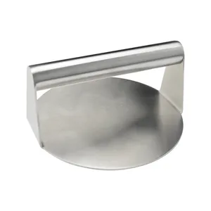 Stainless steel burger press and meat smasher for kitchen cooking, durable flat patty maker tool.