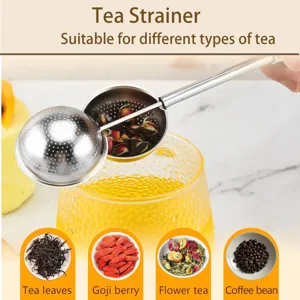 Stainless steel press tea strainer detail with telescopic ball filter and comfortable handle.
