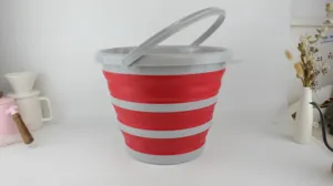 Collapsible bucket detail view, red and grey striped folding design with handles.