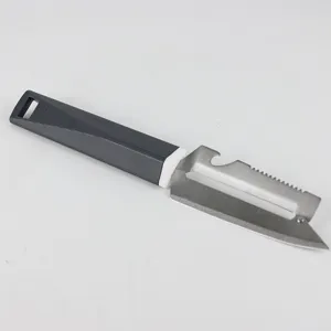 Multi-functional fruit vegetable peeler with grey handle and stainless steel blade.