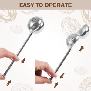 Stainless steel press tea infuser detail showing easy operation and retractable mesh ball.