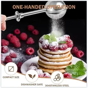 Stainless steel press-type tea infuser and flour sifter detail view, convenient for baking.