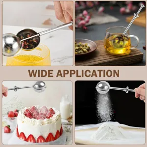 Stainless steel press tea infuser detail showing multi-scene application for brewing and baking.