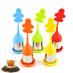 Colorful silicone gingerbread man tea infuser with 304 stainless steel filter and tray.