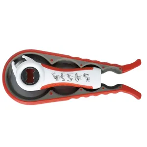 Multi-functional jar opener and bottle opener set with ergonomic red and white design for kitchen use.