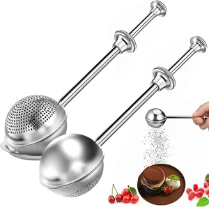 Stainless steel press tea infuser retractable flour sifter baking mesh ball with drip tray.