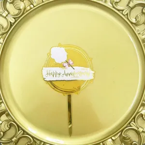 Acrylic happy anniversary cake topper gold party dessert decoration detail closeup view