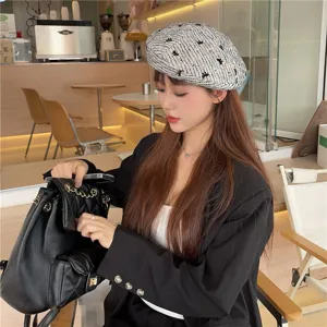 Chapeau béret en tweed pour femme avec motifs de nœuds mignons, élégant couvre-chef décontracté.