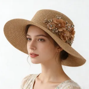 Eleganter Damen Strohsonnenhut mit breiter Krempe, Blumen und Strass für Strand Sommer