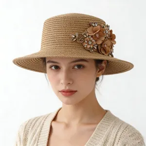 Damen Strohhut mit Blumen und Strass Dekor, elegante breite Krempe Strandsonnenhut.