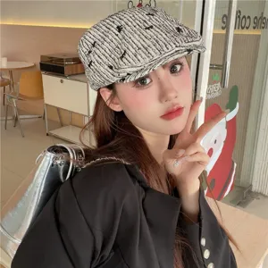 Femme mode noir et blanc tweed casquette gavroche élégant automne hiver plat chapeau rétro